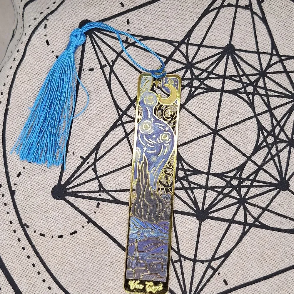 Gold Van Gogh Design Bookmark with Blue Tassel